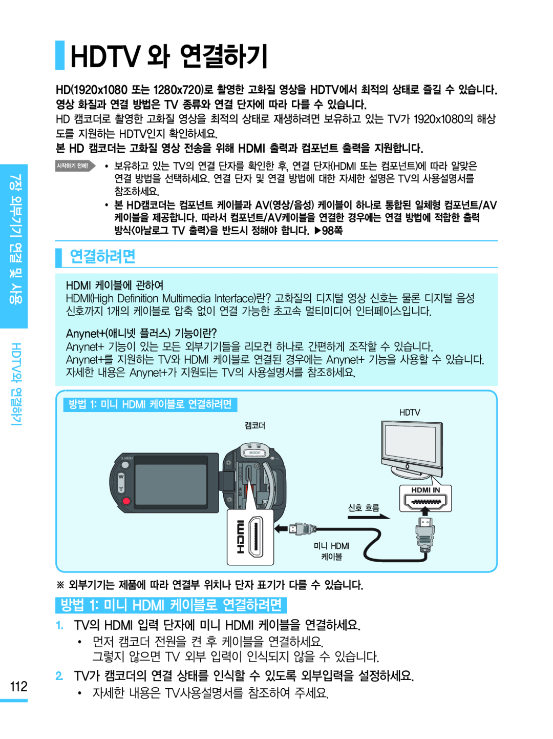 HDTV와 연결하기 Hand Held Camcorder HMX-M20BN