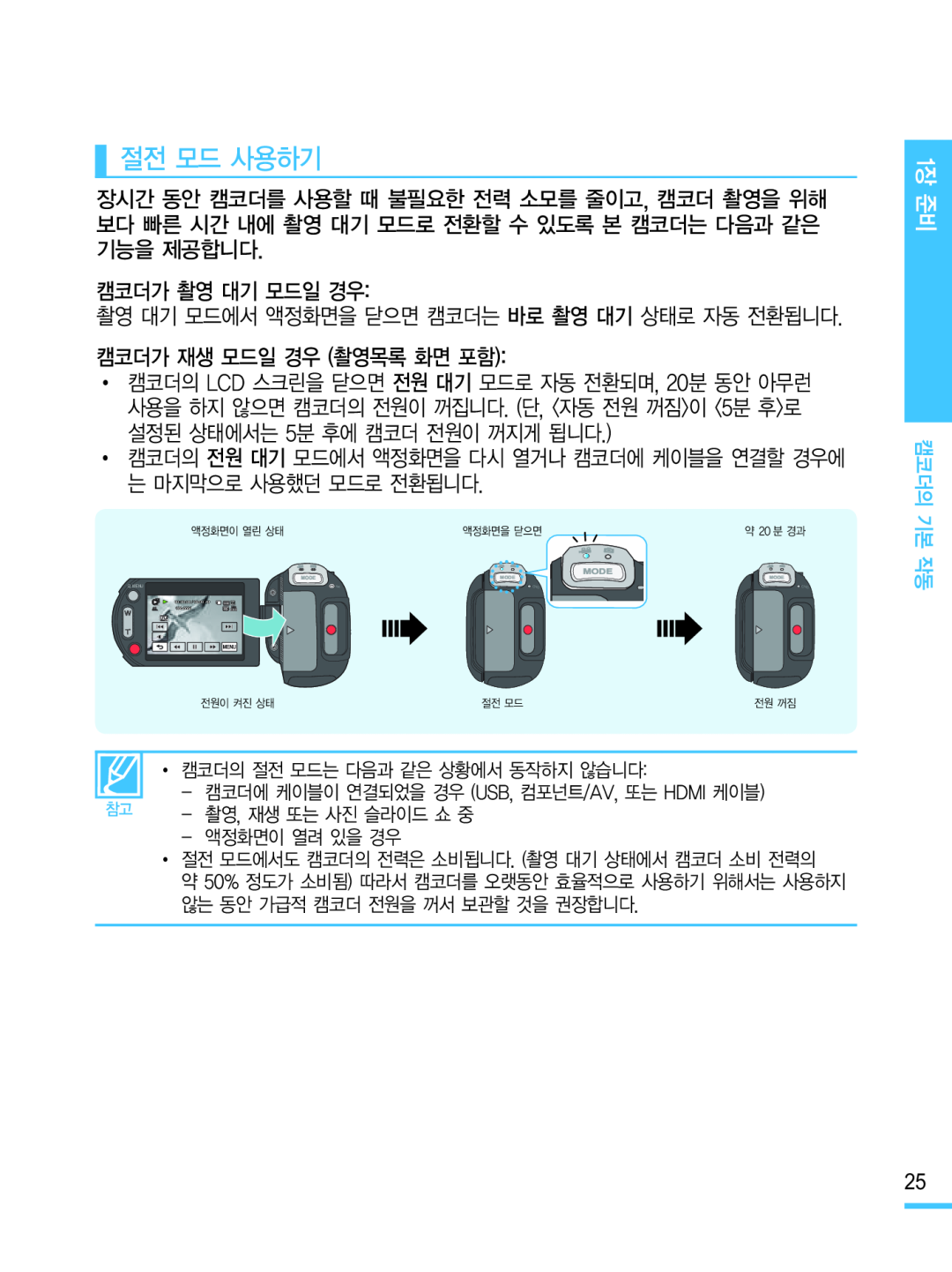 절전 모드 사용하기 Hand Held Camcorder HMX-M20BN