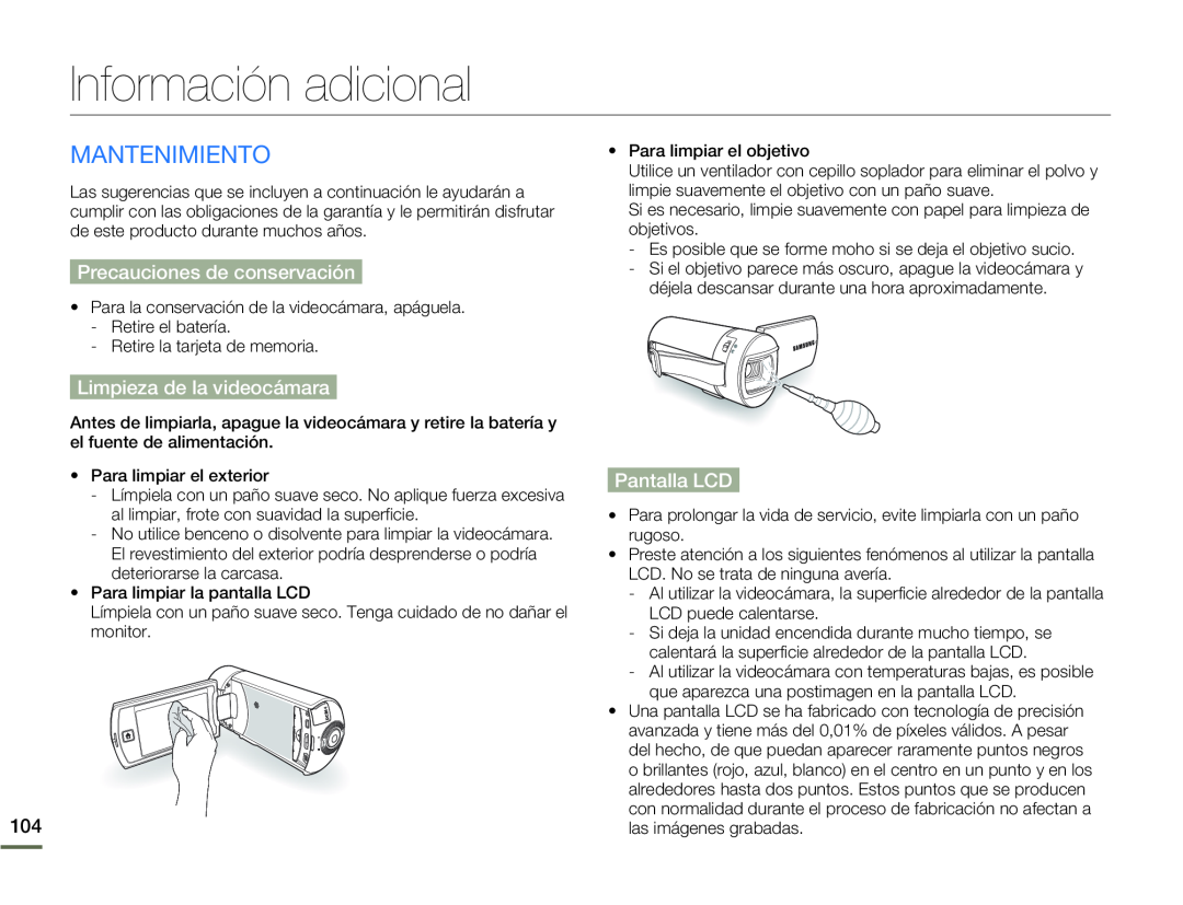 Precauciones de conservación Hand Held Camcorder HMX-Q10BN