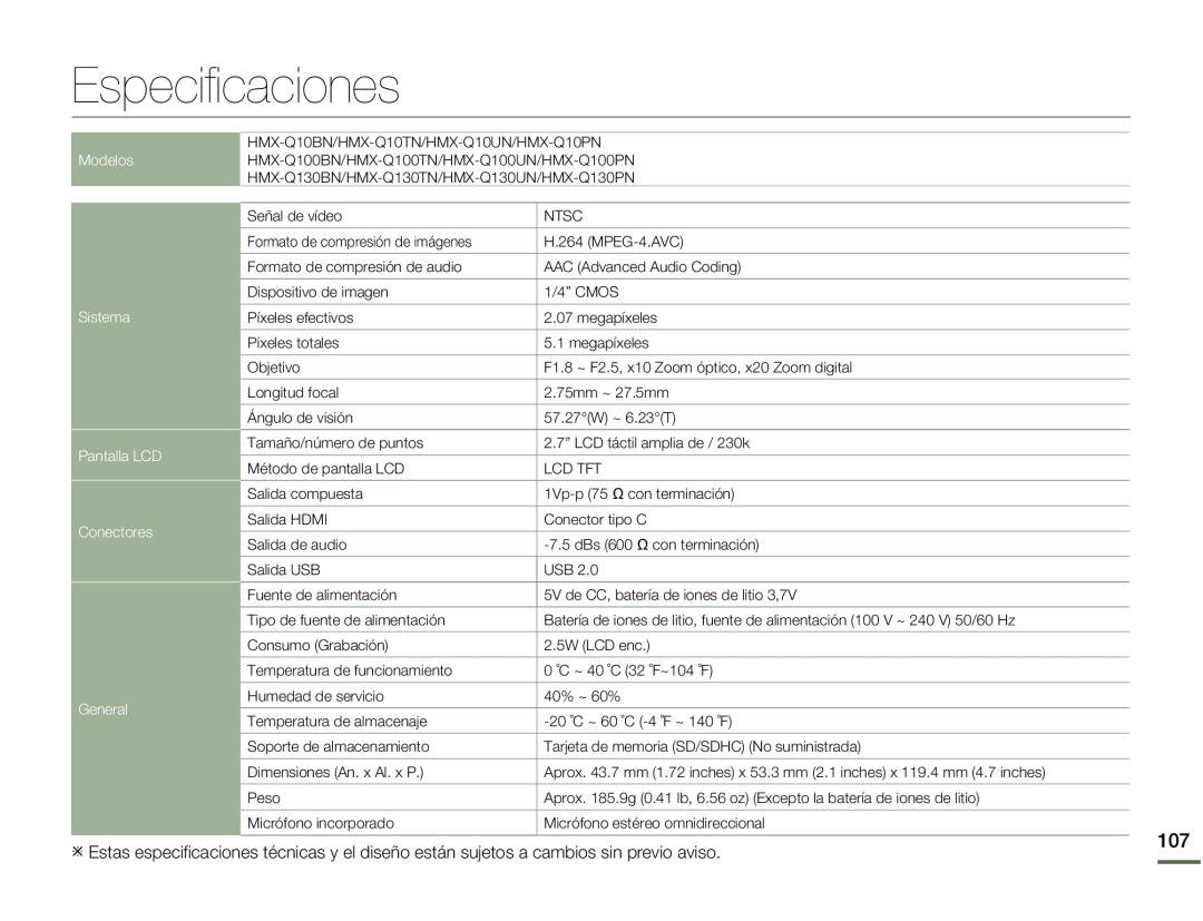 Especificaciones Hand Held Camcorder HMX-Q10BN