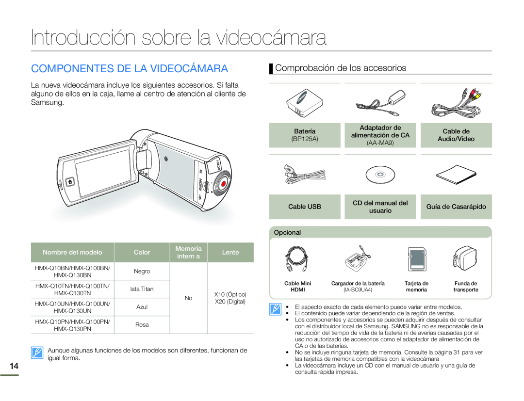 Comprobación de los accesorios Hand Held Camcorder HMX-Q10BN