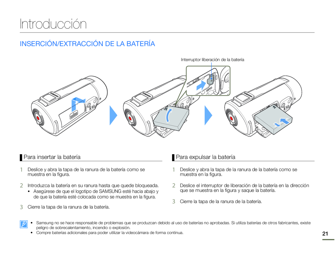 INSERCIÓN/EXTRACCIÓN DE LA BATERÍA Hand Held Camcorder HMX-Q10BN