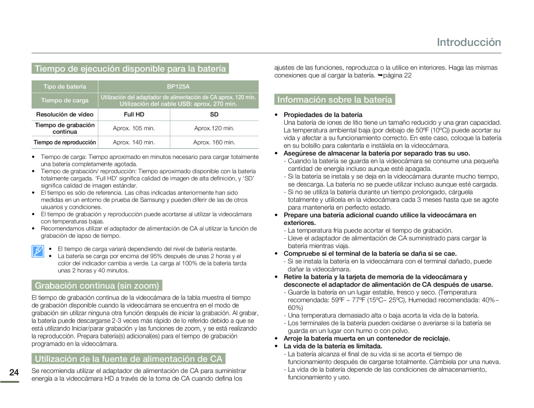 Tiempo de ejecución disponible para la batería Grabación continua (sin zoom)