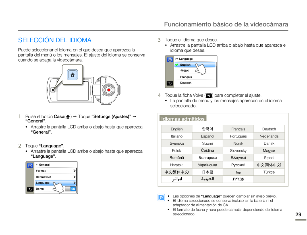 Idiomas admitidos Hand Held Camcorder HMX-Q10BN