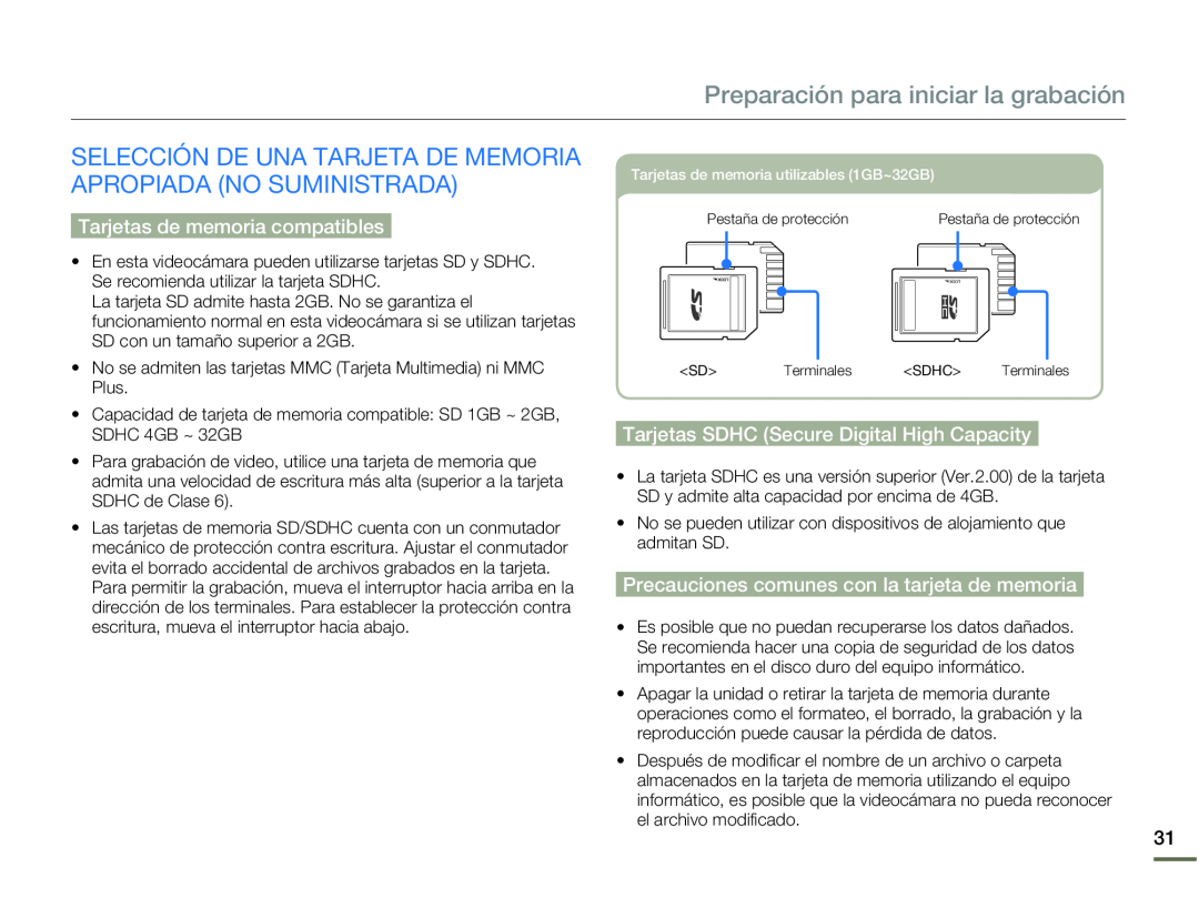 Tarjetas de memoria compatibles Tarjetas SDHC (Secure Digital High Capacity