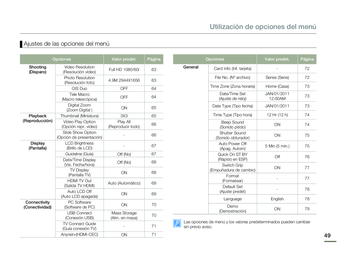 Ajustes de las opciones del menú Hand Held Camcorder HMX-Q10BN