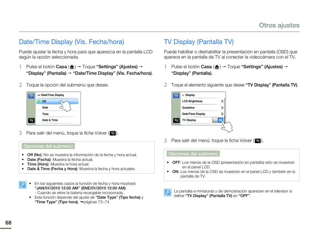 Date/Time Display (Vis. Fecha/hora) TV Display (Pantalla TV)