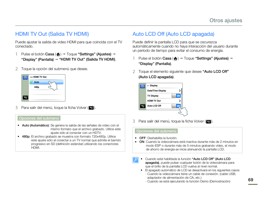 HDMI TV Out (Salida TV HDMI) Auto LCD Off (Auto LCD apagada)