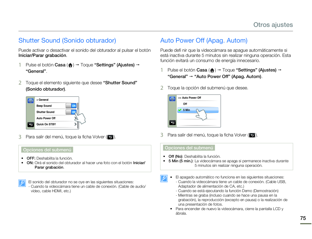 Shutter Sound (Sonido obturador) Auto Power Off (Apag. Autom)