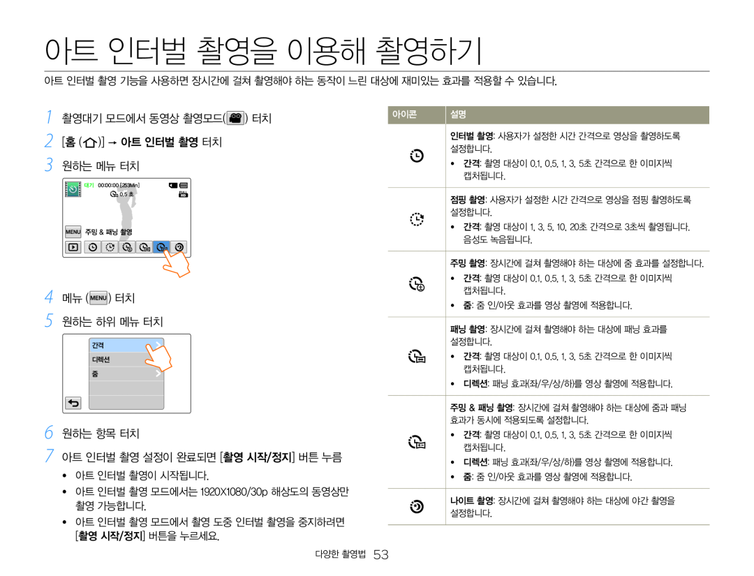 아트 인터벌 촬영 설정이 완료되면 [촬영 시작/정지] 버튼 누름 Hand Held Camcorder HMX-Q20BN