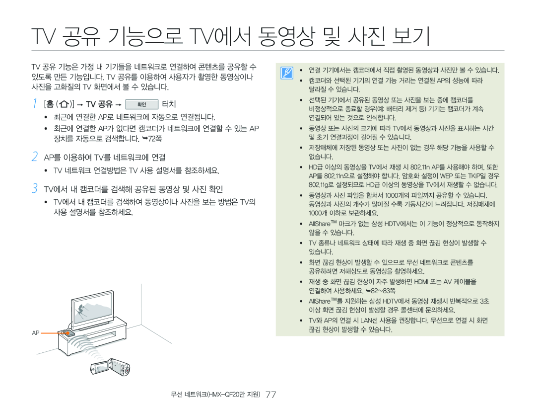 2 AP를 이용하여 TV를 네트워크에 연결 Hand Held Camcorder HMX-Q20BN