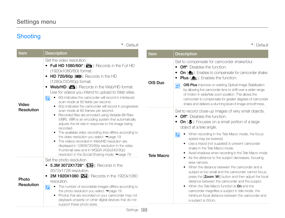 Settings menu