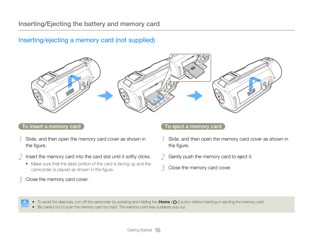 1 Slide, and then open the memory card cover as shown in the figure 2 Insert the memory card into the card slot until it softly clicks