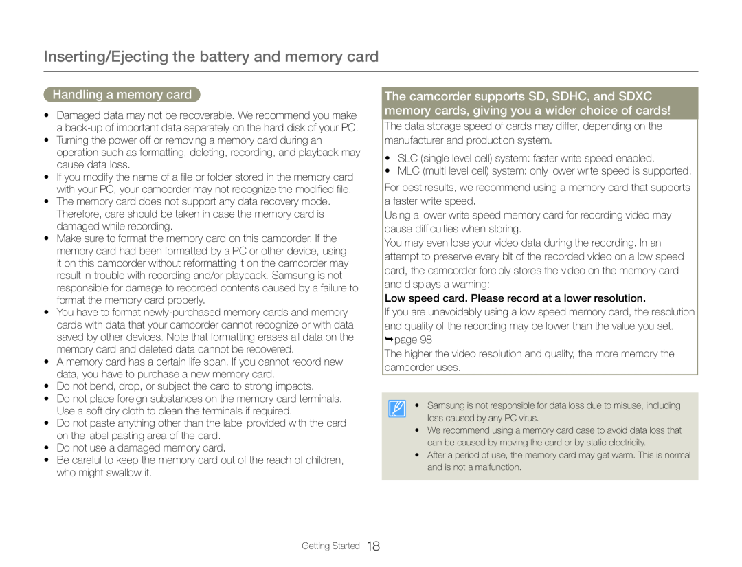 Handling a memory card Hand Held Camcorder HMX-QF30BN