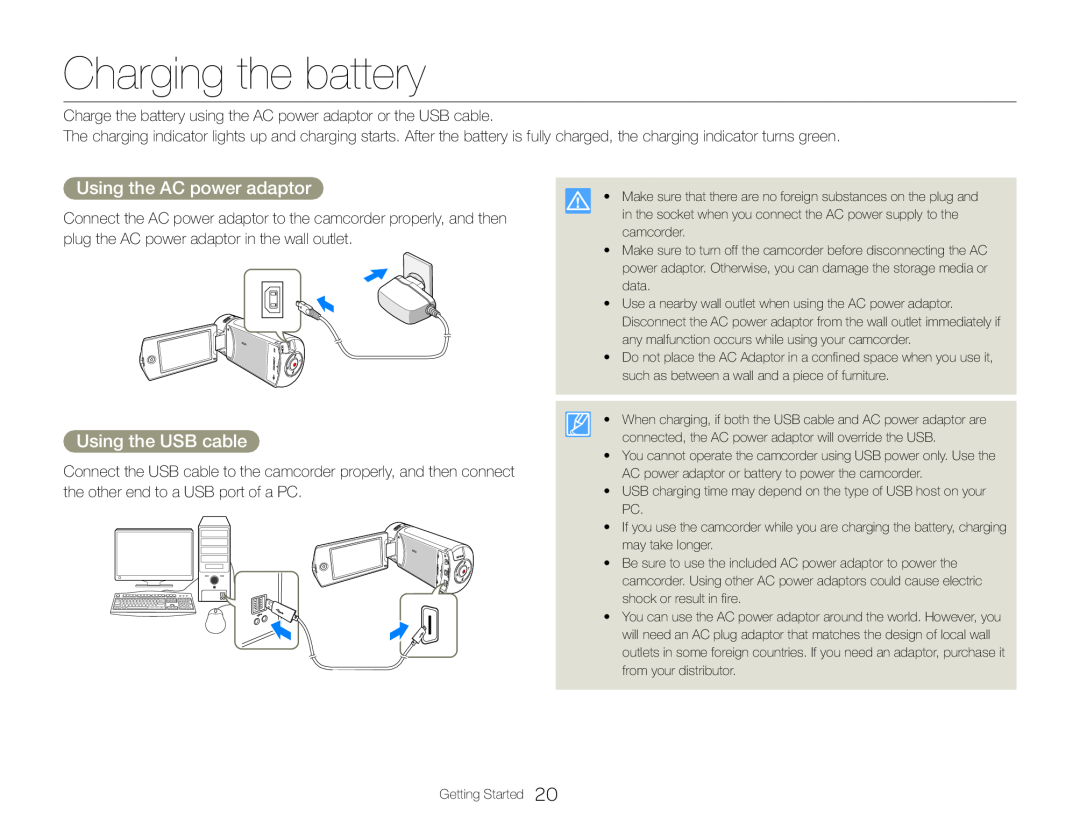 Using the AC power adaptor Using the USB cable