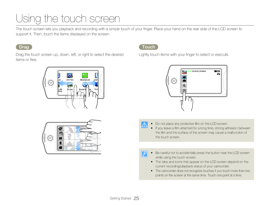 Using the touch screen Hand Held Camcorder HMX-QF30BN