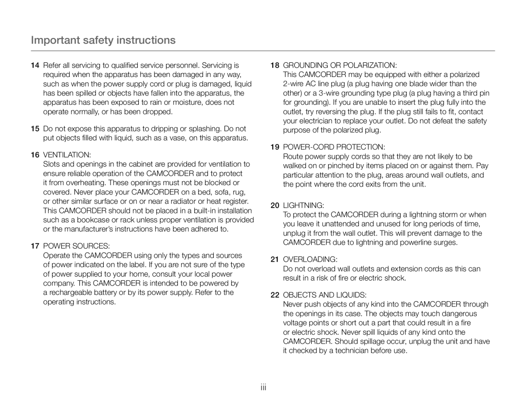 Important safety instructions Hand Held Camcorder HMX-QF30BN