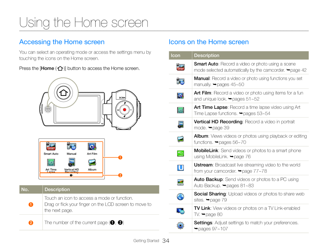 Using the Home screen Hand Held Camcorder HMX-QF30BN