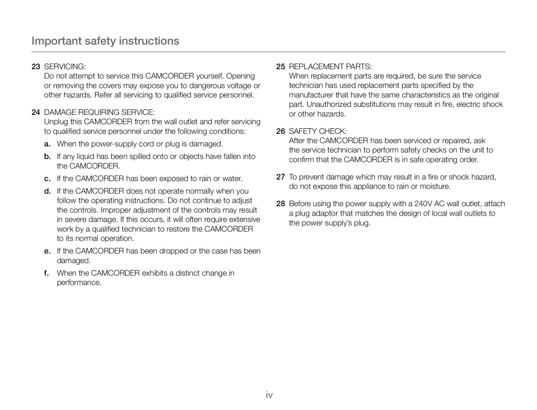 Important safety instructions Hand Held Camcorder HMX-QF30BN