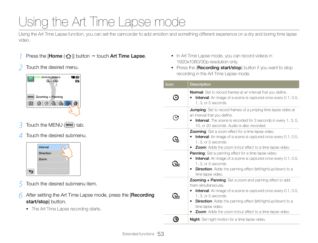 1 Press the [Home ( )] button  touch Art Time Lapse. 2 Touch the desired menu 5 Touch the desired submenu item