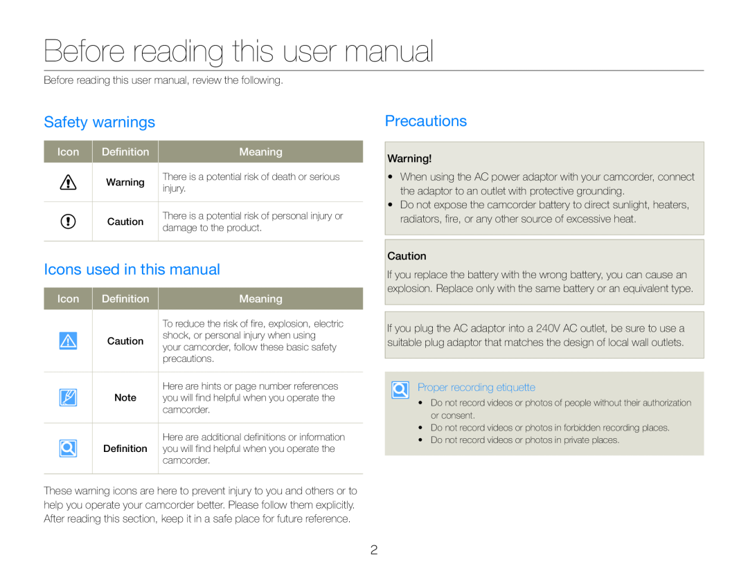 Safety warnings Icons used in this manual