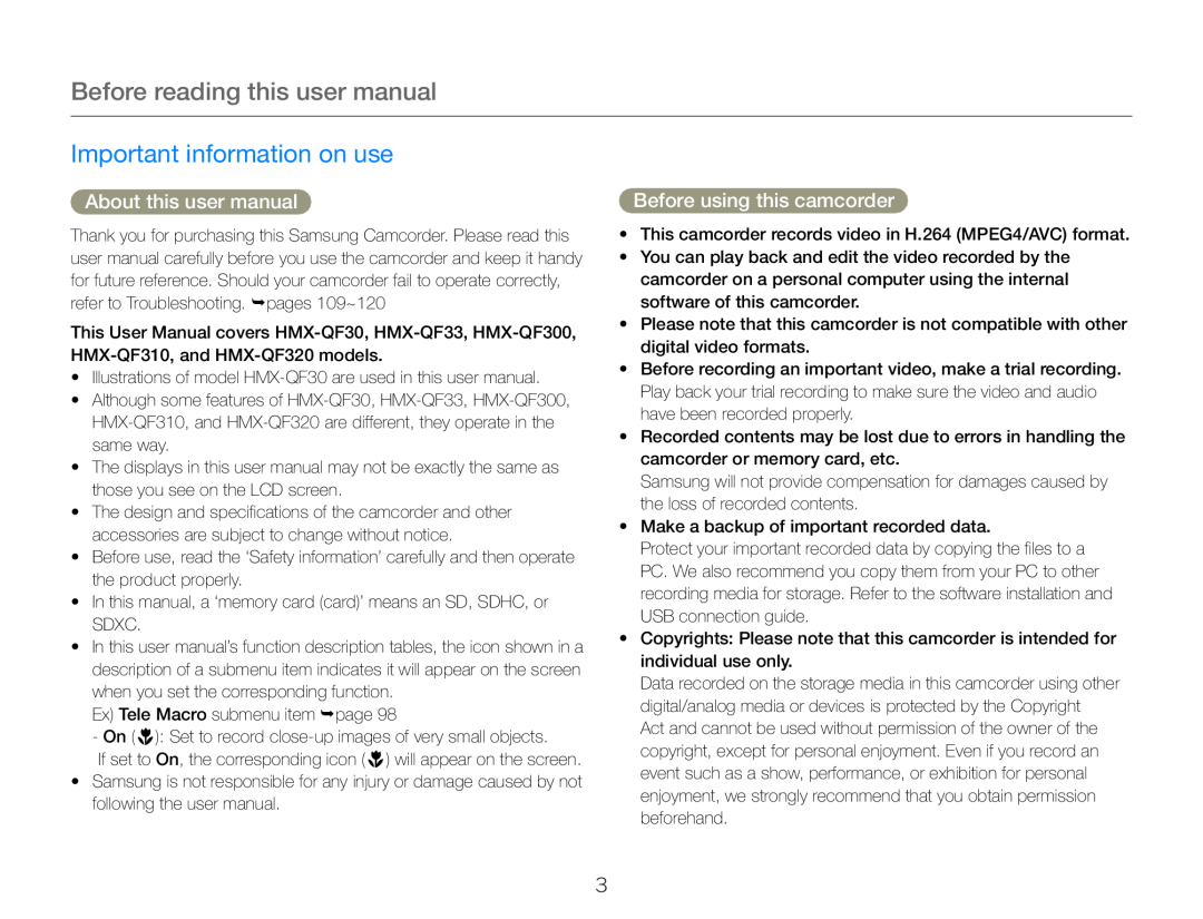 Important information on use Hand Held Camcorder HMX-QF30BN