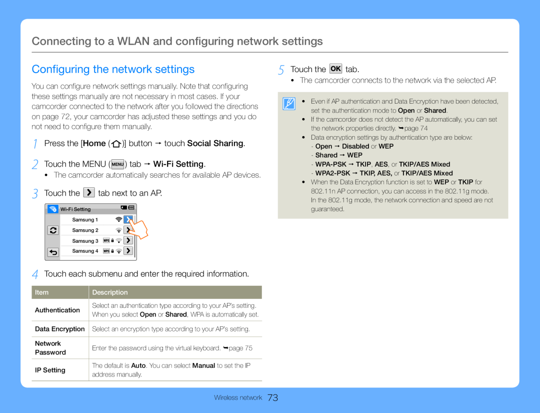 Connecting to a WLAN and configuring network settings Hand Held Camcorder HMX-QF30BN