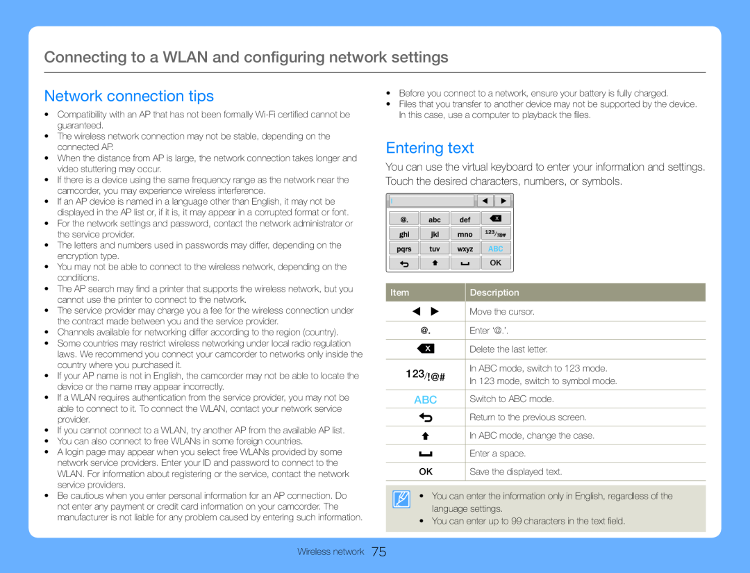 Network connection tips Entering text