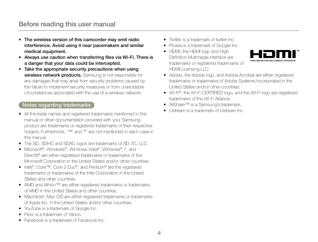Notes regarding trademarks Hand Held Camcorder HMX-QF30BN