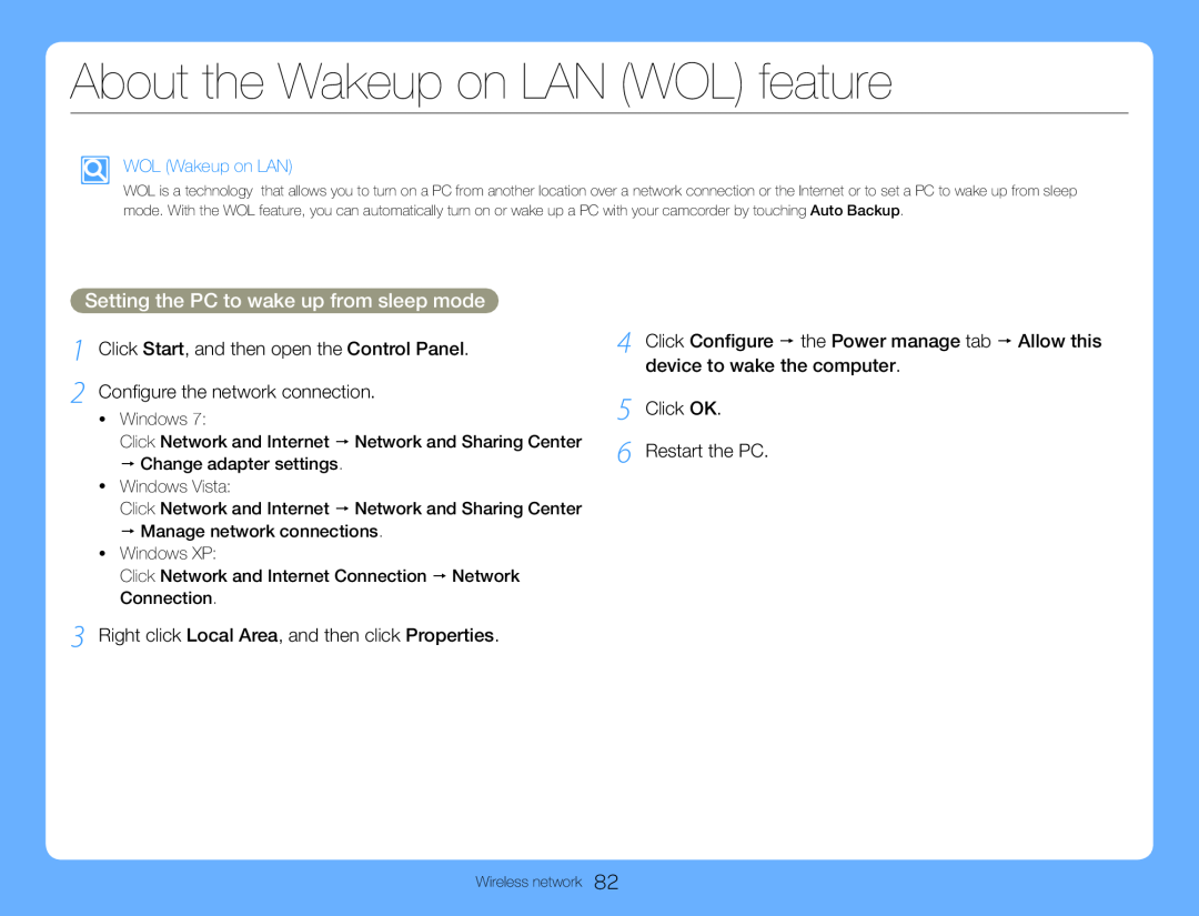 About the Wakeup on LAN (WOL) feature Hand Held Camcorder HMX-QF30BN