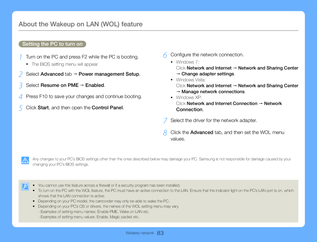 8 Click the Advanced tab, and then set the WOL menu values Hand Held Camcorder HMX-QF30BN