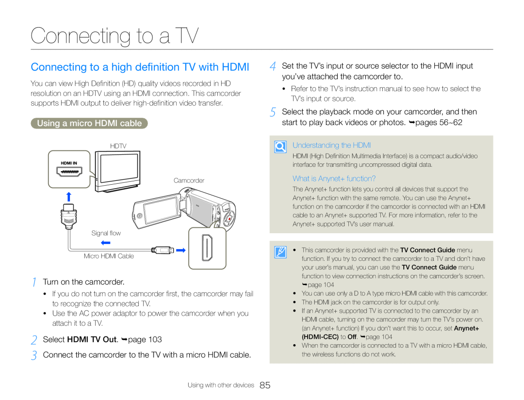 2 Select HDMI TV Out. page Hand Held Camcorder HMX-QF30BN