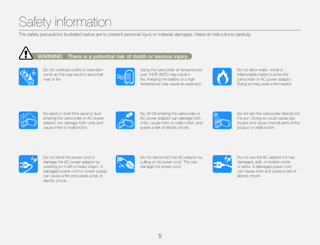 WARNING There is a potential risk of death or serious injury Safety information