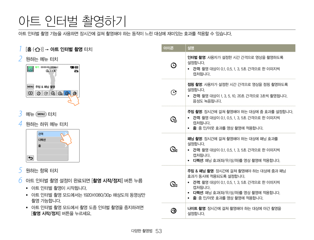 아트 인터벌 촬영 설정이 완료되면 [촬영 시작/정지] 버튼 누름 Hand Held Camcorder HMX-QF30BN