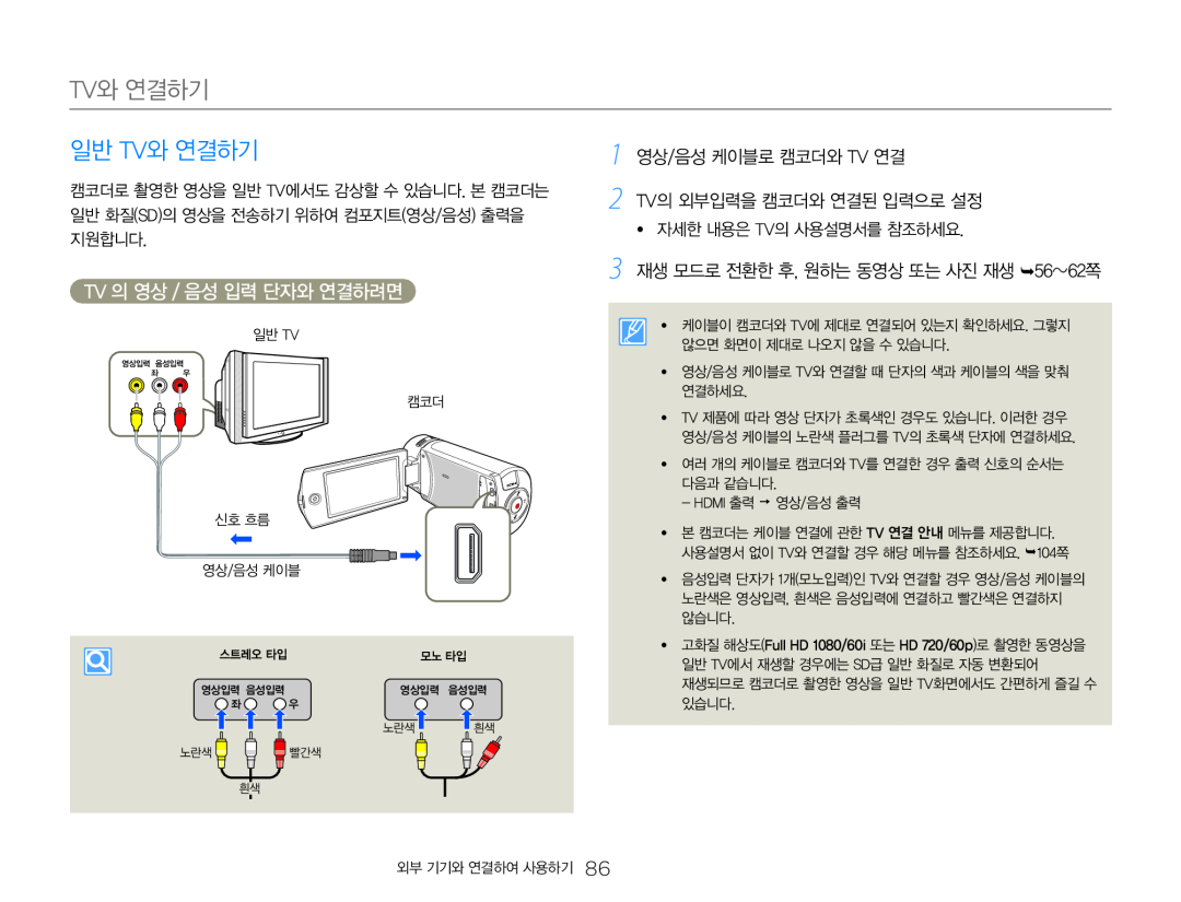 1 영상/음성 케이블로 캠코더와 TV 연결 Hand Held Camcorder HMX-QF30BN