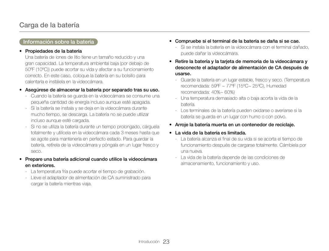 Información sobre la batería Hand Held Camcorder HMX-QF30BN