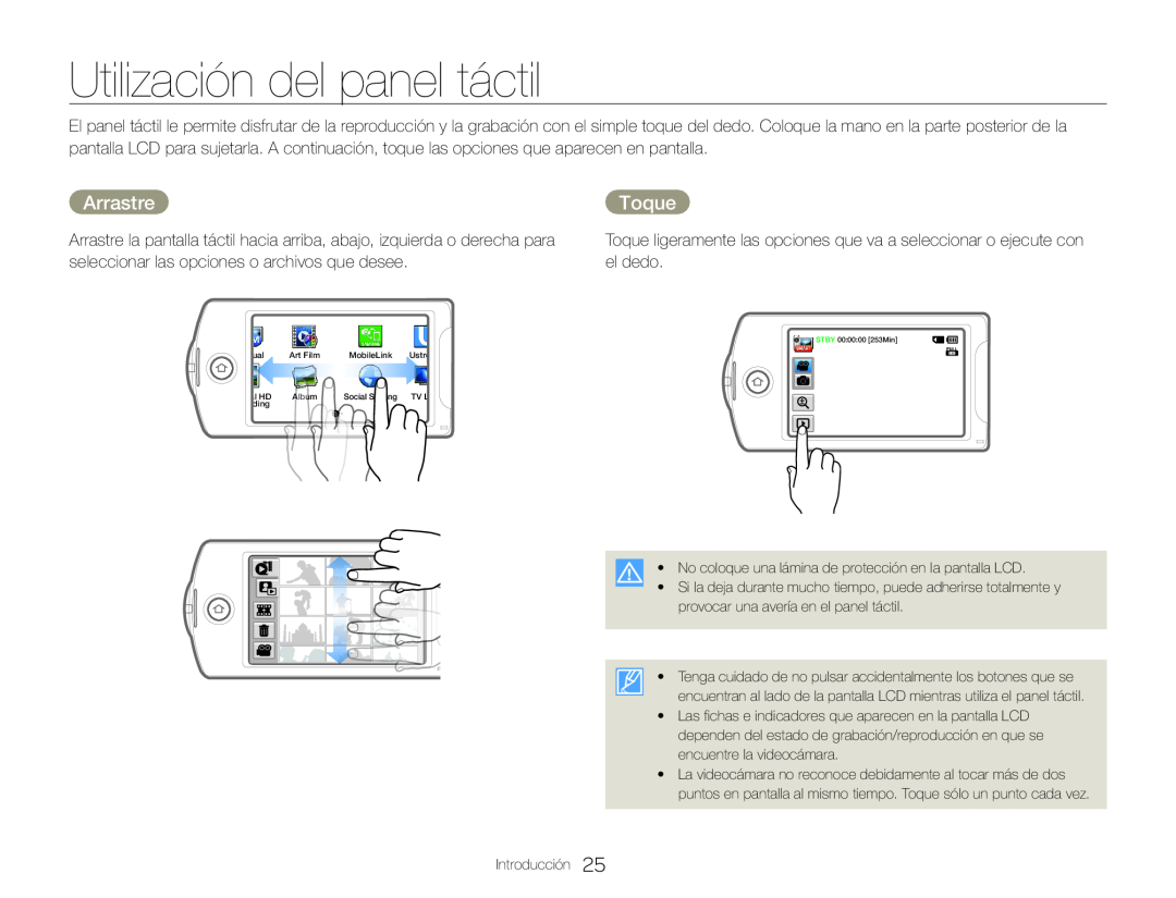 Utilización del panel táctil Hand Held Camcorder HMX-QF30BN