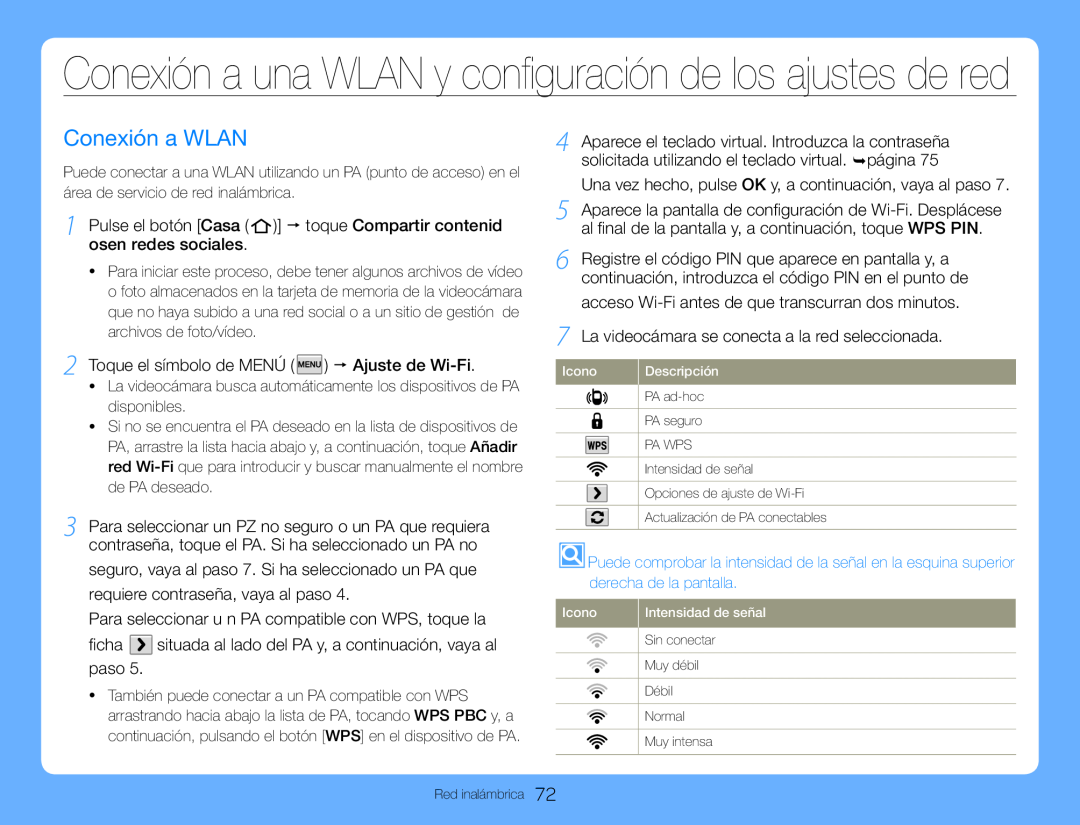 1Pulse el botón [Casa ( )] p toque Compartir contenid osen redes sociales 2Toque el símbolo de MENÚ ( ) p Ajuste de Wi-Fi