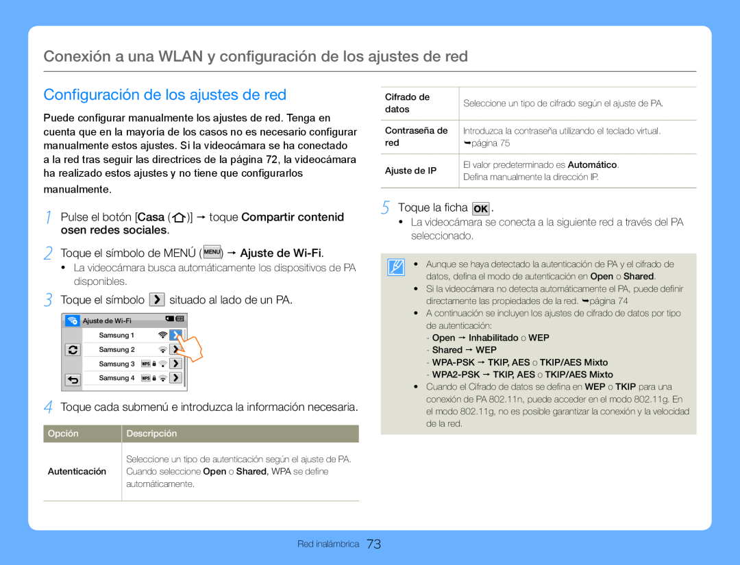 3Toque el símbolo situado al lado de un PA 4Toque cada submenú e introduzca la información necesaria