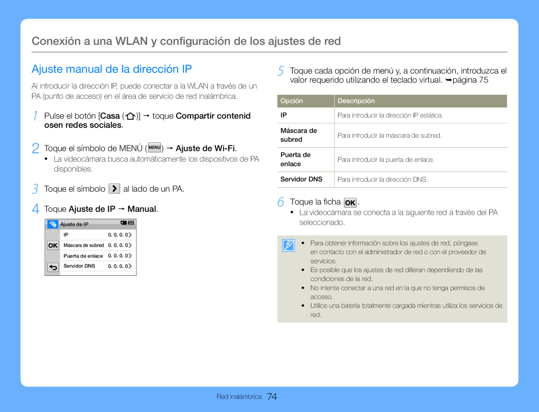 3Toque el símbolo al lado de un PA 4Toque Ajuste de IP p Manual