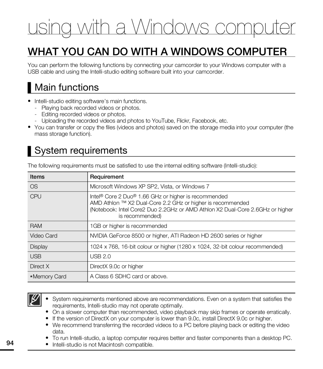 Main functions System requirements