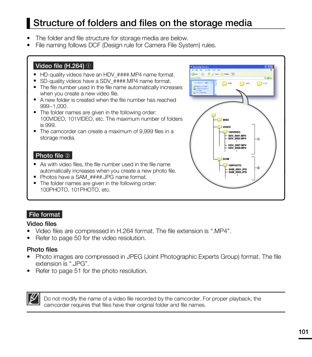 Structure of folders and ﬁles on the storage media Hand Held Camcorder HMX-T10ON