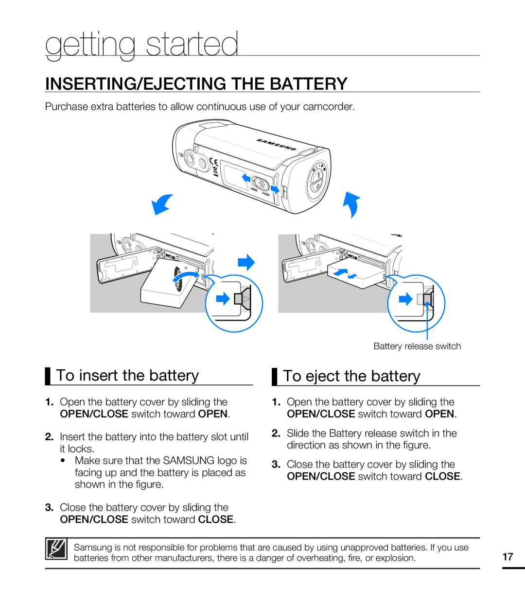 INSERTING/EJECTING THE BATTERY Hand Held Camcorder HMX-T10ON