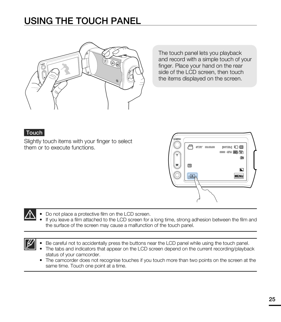 USING THE TOUCH PANEL Hand Held Camcorder HMX-T10ON