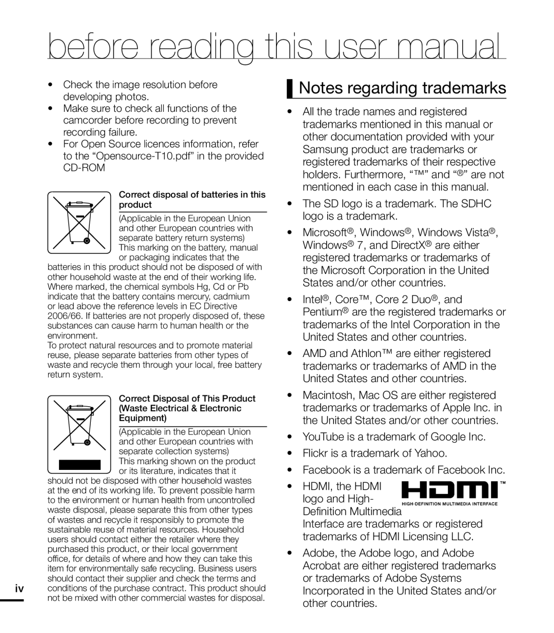 Notes regarding trademarks Hand Held Camcorder HMX-T10ON