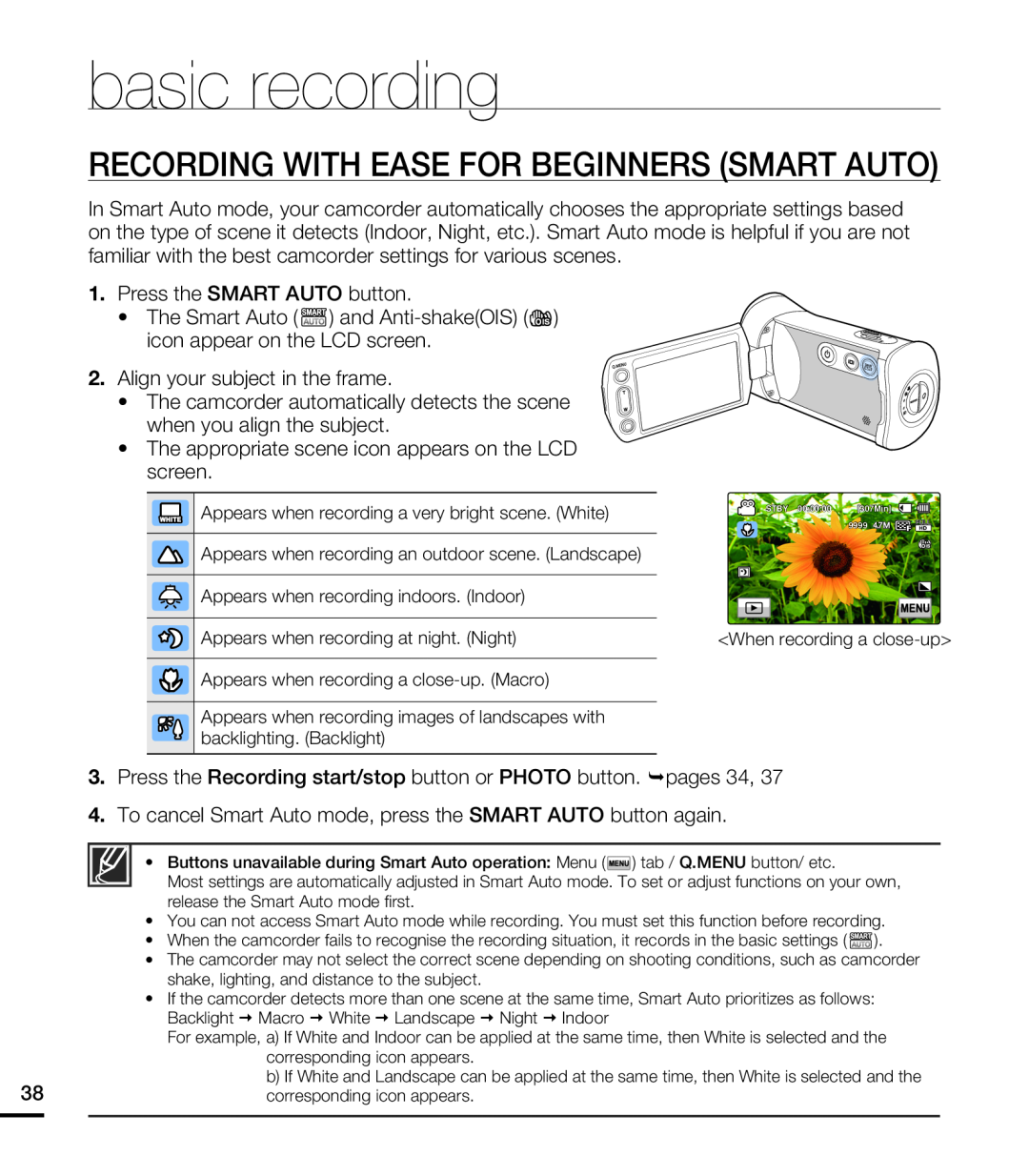 RECORDING WITH EASE FOR BEGINNERS (SMART AUTO) Hand Held Camcorder HMX-T10ON