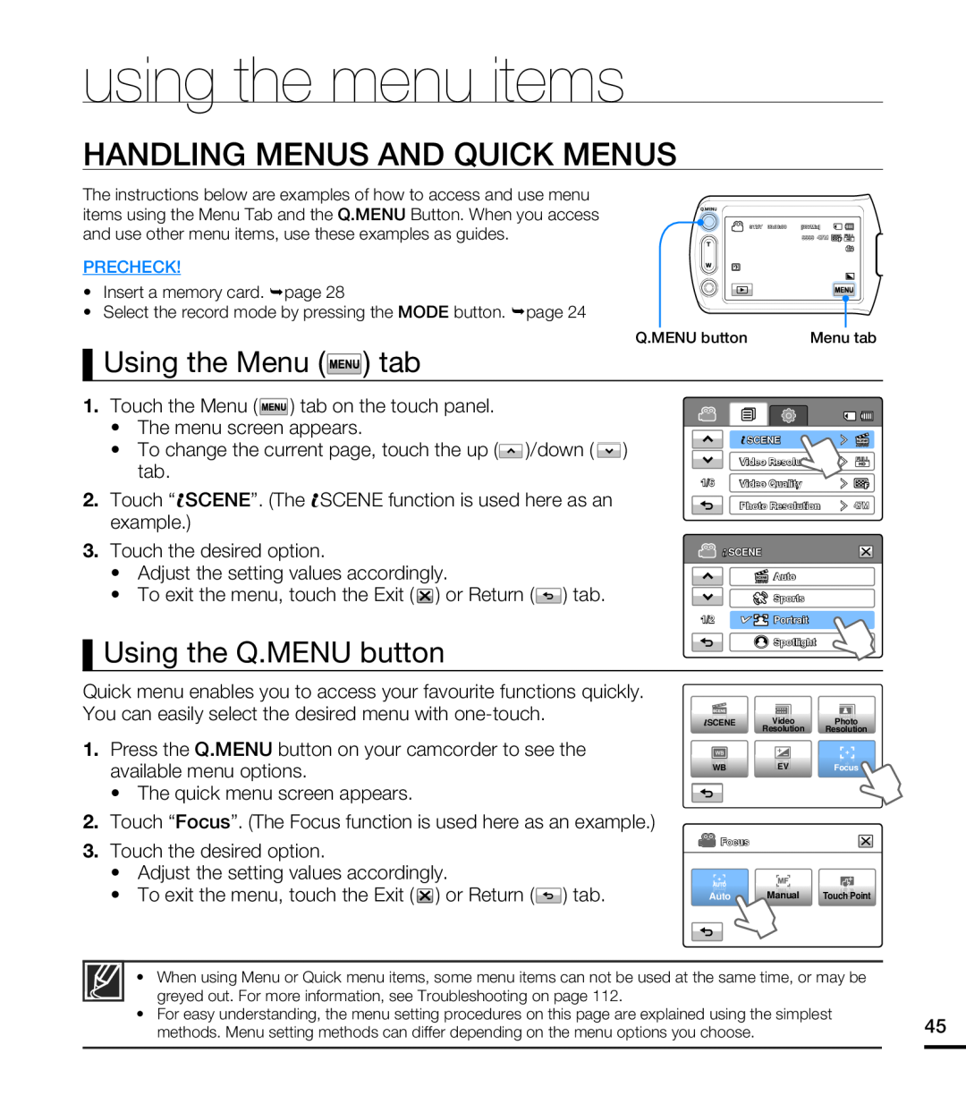 Using the Q.MENU button Hand Held Camcorder HMX-T10ON