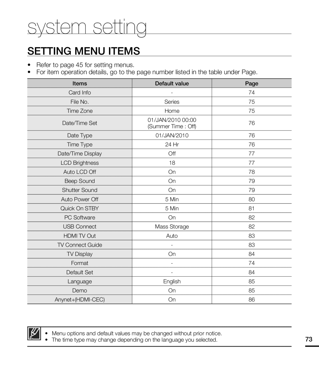 SETTING MENU ITEMS system setting