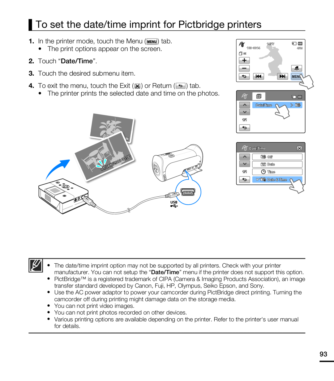 To set the date/time imprint for Pictbridge printers