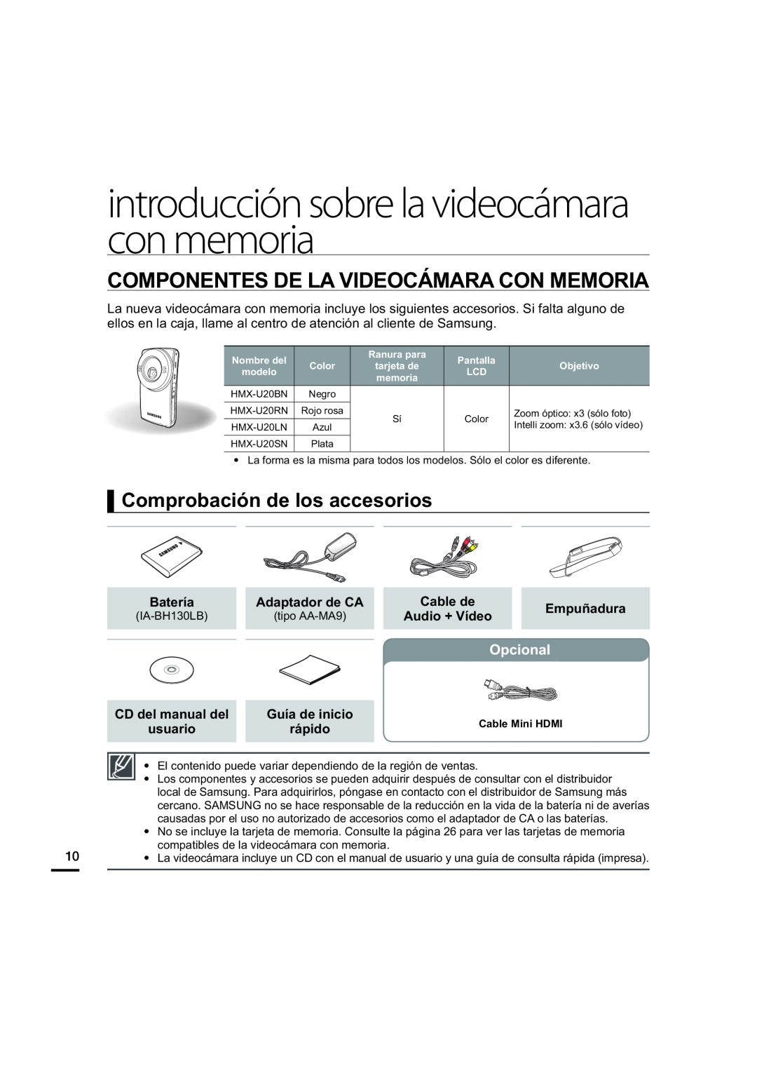 Comprobación de los accesorios Hand Held Camcorder HMX-U20BN